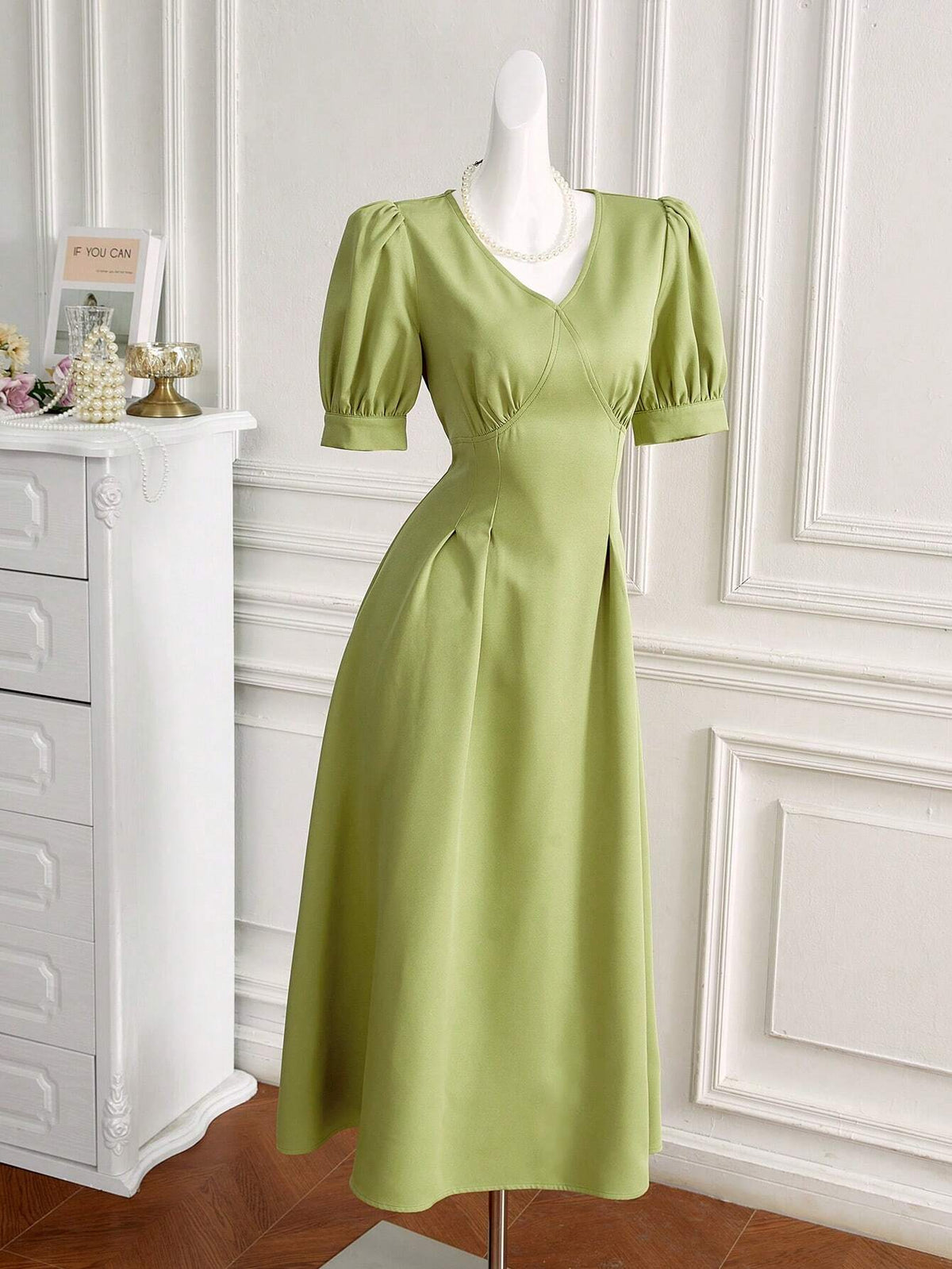 Women's V-Neck Solid Color Puff Sleeve Casual Summer Dress For Vacation