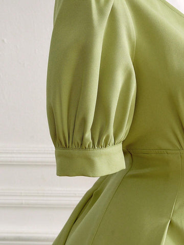Women's V-Neck Solid Color Puff Sleeve Casual Summer Dress For Vacation