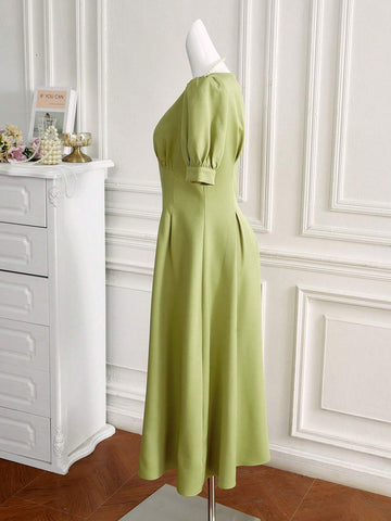Women's V-Neck Solid Color Puff Sleeve Casual Summer Dress For Vacation