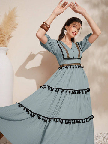 Women's V-Neck Splice Woven Tape Fringed Short Bubble Sleeve Dress