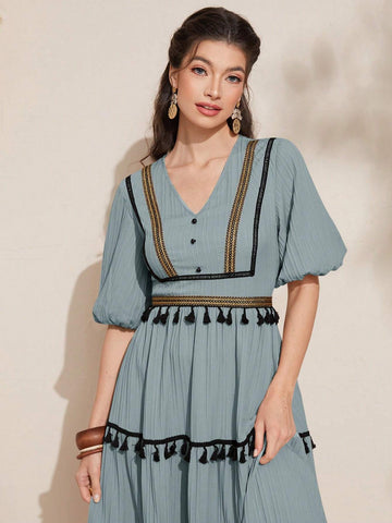 Women's V-Neck Splice Woven Tape Fringed Short Bubble Sleeve Dress