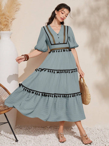 Women's V-Neck Splice Woven Tape Fringed Short Bubble Sleeve Dress