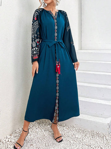 Women's V-Neckline Belted A-Line Dress With Graphic Print Pattern