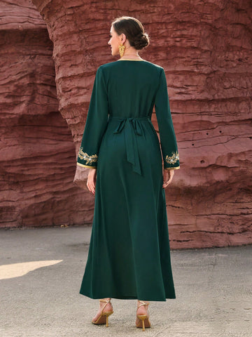 Embroidered Beaded V-Neck Dress