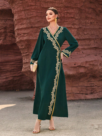 Embroidered Beaded V-Neck Dress