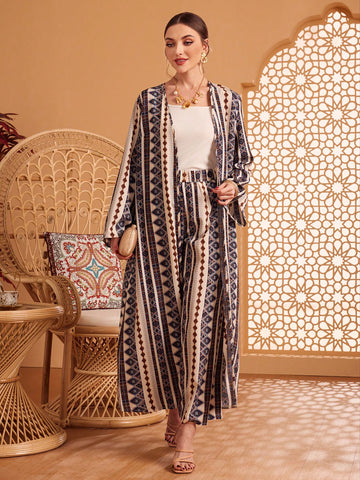 Geometric Pattern Lantern Sleeve Open Front Coat And Pants Set