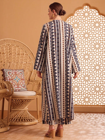 Geometric Pattern Lantern Sleeve Open Front Coat And Pants Set