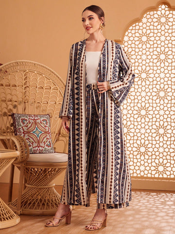 Geometric Pattern Lantern Sleeve Open Front Coat And Pants Set