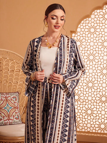 Geometric Pattern Lantern Sleeve Open Front Coat And Pants Set