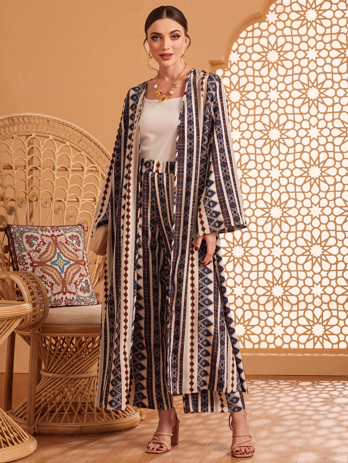 Geometric Pattern Lantern Sleeve Open Front Coat And Pants Set