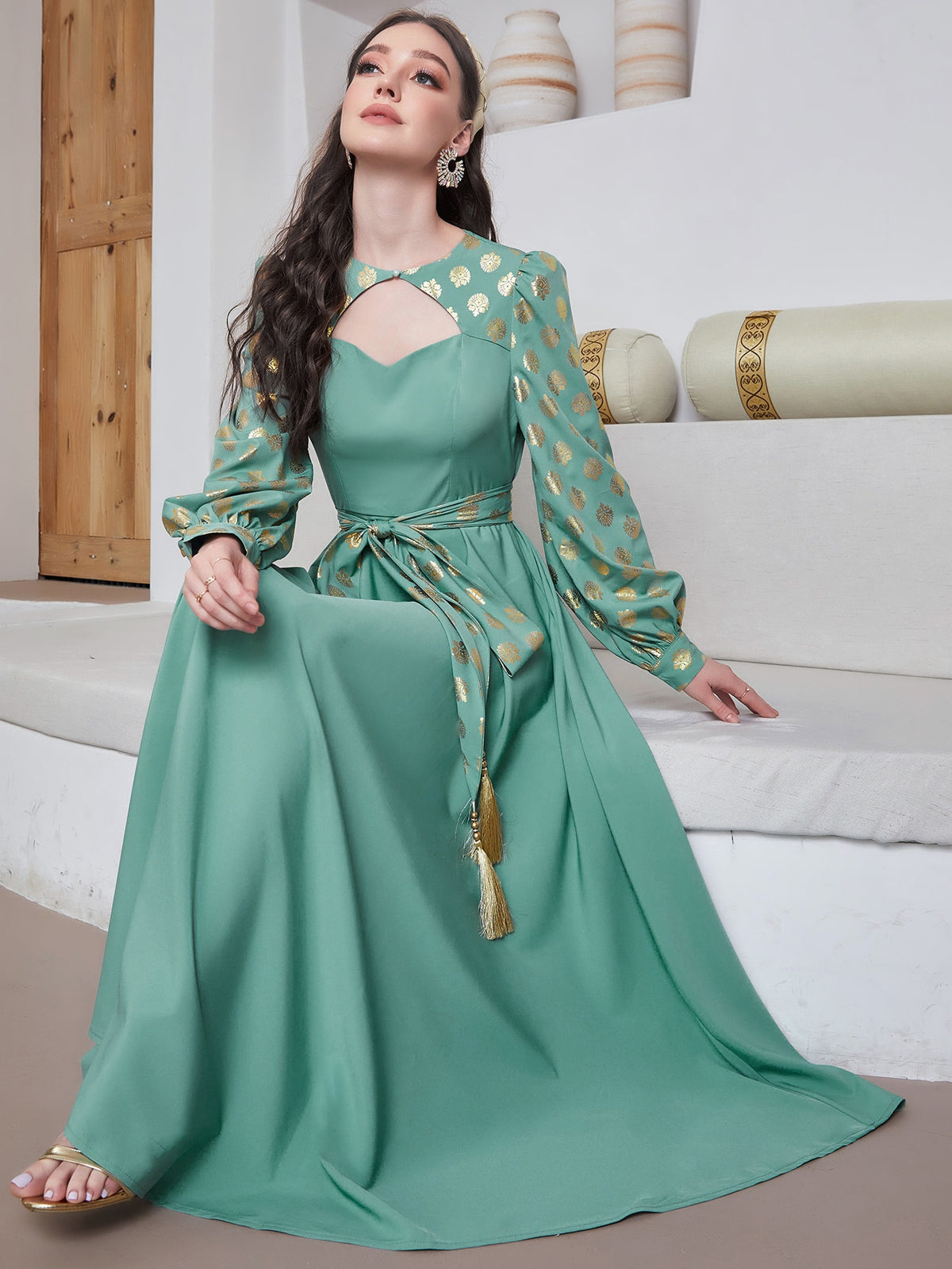 Najma Gold Floral Print Cut Out Front Lantern Sleeve Belted Dress