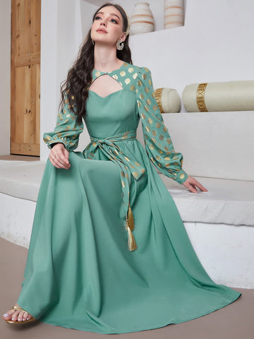 Najma Gold Floral Print Cut Out Front Lantern Sleeve Belted Dress