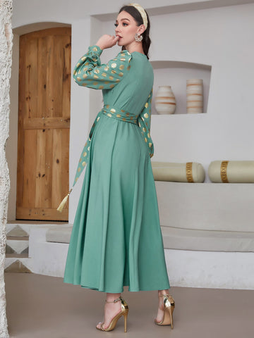 Najma Gold Floral Print Cut Out Front Lantern Sleeve Belted Dress