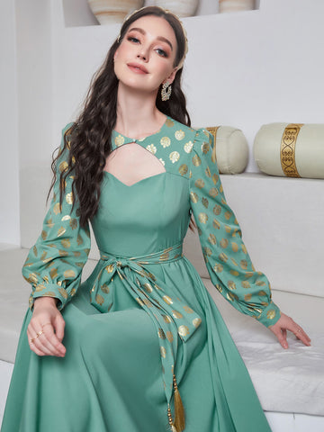 Najma Gold Floral Print Cut Out Front Lantern Sleeve Belted Dress