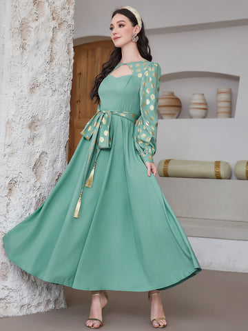 Najma Gold Floral Print Cut Out Front Lantern Sleeve Belted Dress