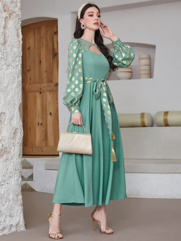 Najma Gold Floral Print Cut Out Front Lantern Sleeve Belted Dress