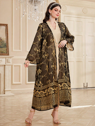 Ladies' Belted Flare Sleeve Dress And Embroidered Jacket Two Piece Set