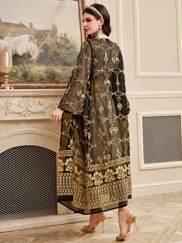Ladies' Belted Flare Sleeve Dress And Embroidered Jacket Two Piece Set