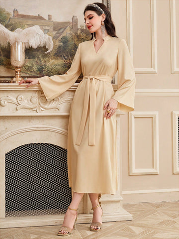 Ladies' Belted Flare Sleeve Dress And Embroidered Jacket Two Piece Set