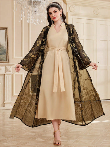 Ladies' Belted Flare Sleeve Dress And Embroidered Jacket Two Piece Set