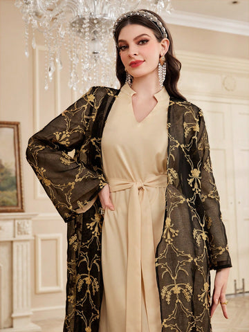 Ladies' Belted Flare Sleeve Dress And Embroidered Jacket Two Piece Set