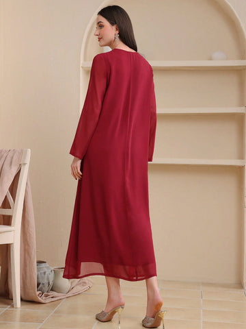 Ladies' Contrast Color Embroidery Floral Applique V-Neck Long Sleeve Dress