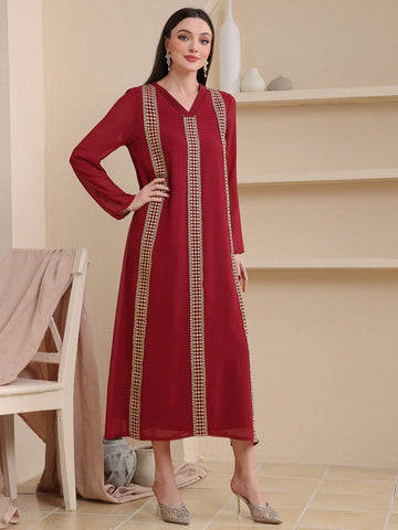 Ladies' Contrast Color Embroidery Floral Applique V-Neck Long Sleeve Dress