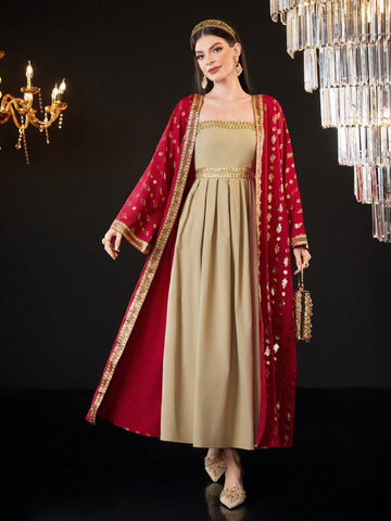 Ladies' Gold Printed Jacket And Sleeveless Dress Two Piece Set