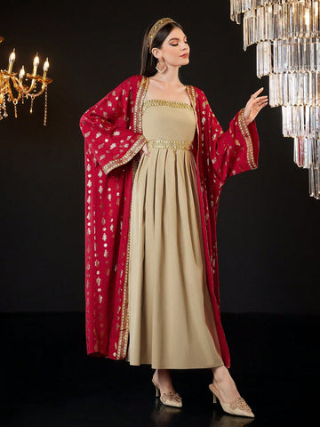 Ladies' Gold Printed Jacket And Sleeveless Dress Two Piece Set