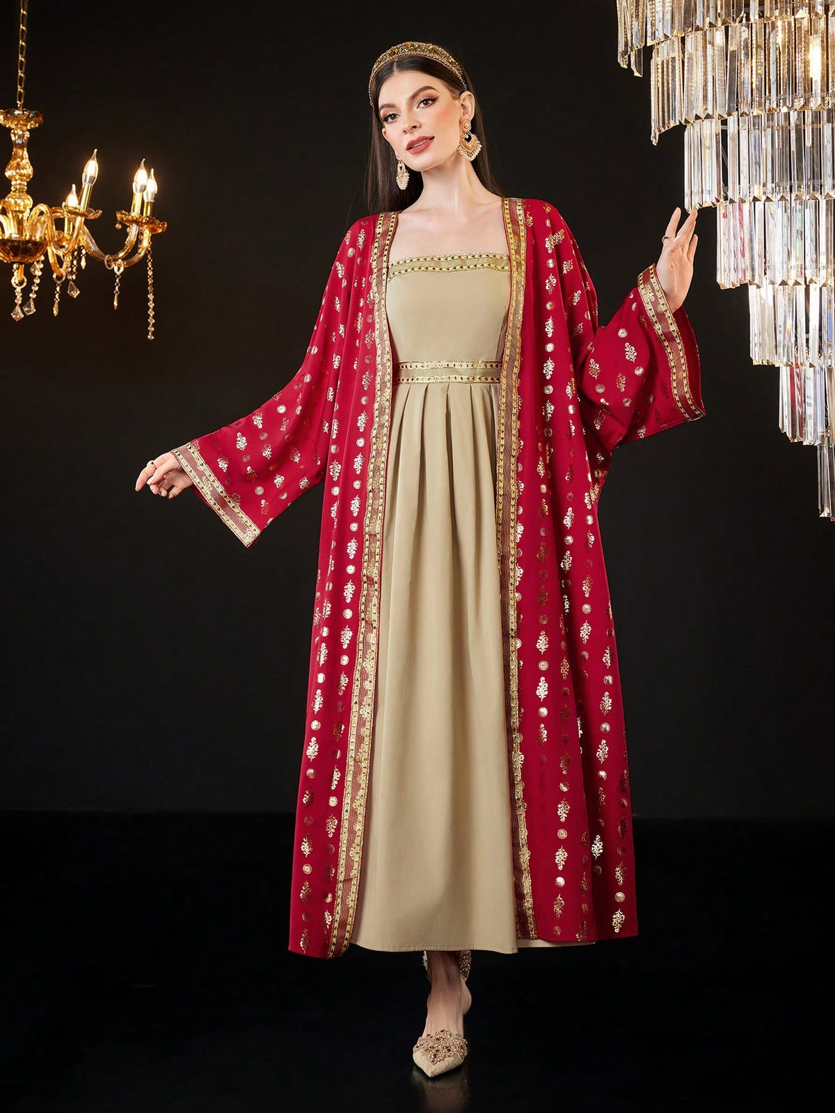 Ladies' Gold Printed Jacket And Sleeveless Dress Two Piece Set