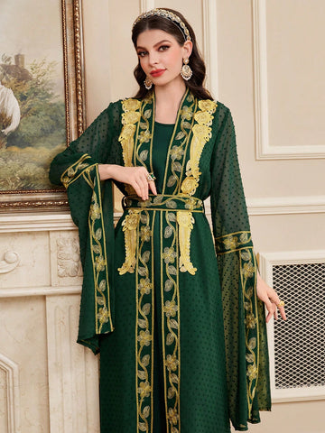 Ladies' Solid Color Dress With Water-Soluble Lace & Woven Trim Patchwork Jacket Two Piece Set