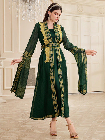 Ladies' Solid Color Dress With Water-Soluble Lace & Woven Trim Patchwork Jacket Two Piece Set