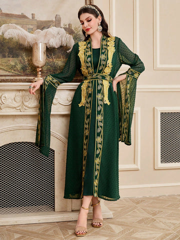 Ladies' Solid Color Dress With Water-Soluble Lace & Woven Trim Patchwork Jacket Two Piece Set