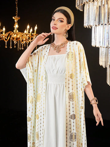 Ladies' Solid Color Spaghetti Strap Dress With Gold Foil Printed Jacket 2pcs/Set