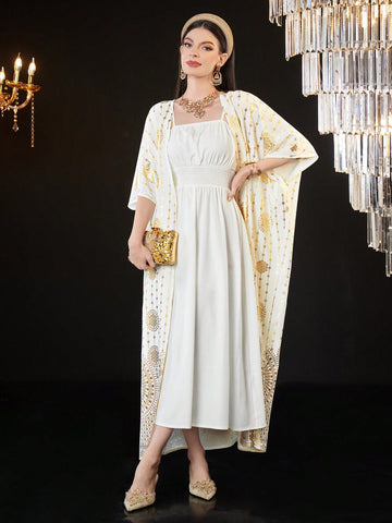 Ladies' Solid Color Spaghetti Strap Dress With Gold Foil Printed Jacket 2pcs/Set