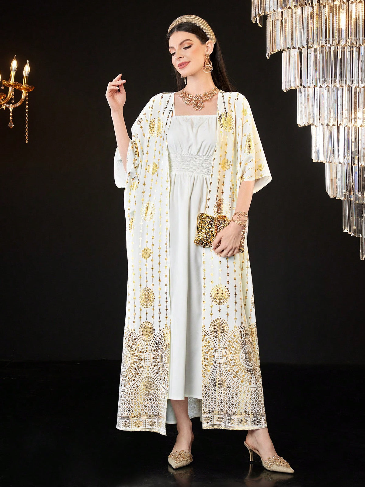 Ladies' Solid Color Spaghetti Strap Dress With Gold Foil Printed Jacket 2pcs/Set