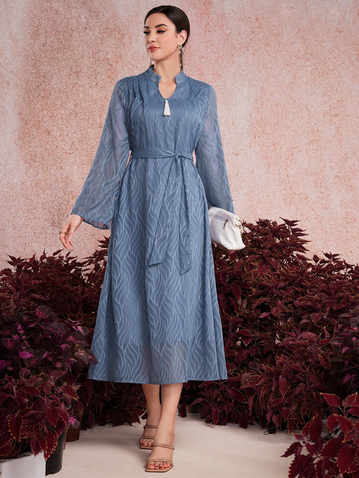 Ladies' V-Neck Fringed Detail Long Sleeve Jacquard Dress