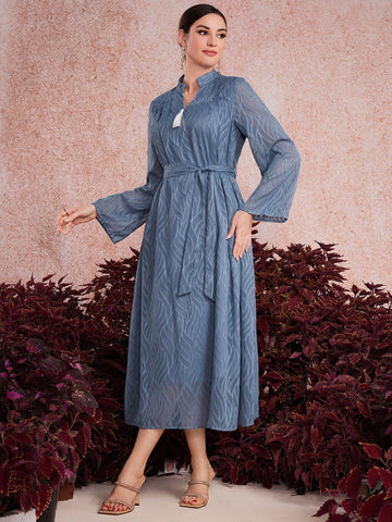 Ladies' V-Neck Fringed Detail Long Sleeve Jacquard Dress