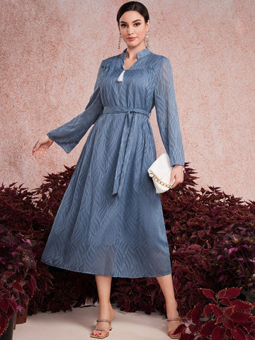 Ladies' V-Neck Fringed Detail Long Sleeve Jacquard Dress