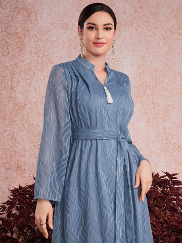 Ladies' V-Neck Fringed Detail Long Sleeve Jacquard Dress