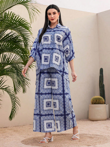 Printed Button-Front Shirt And Wide-Leg Pants