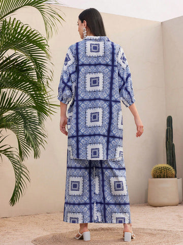 Printed Button-Front Shirt And Wide-Leg Pants