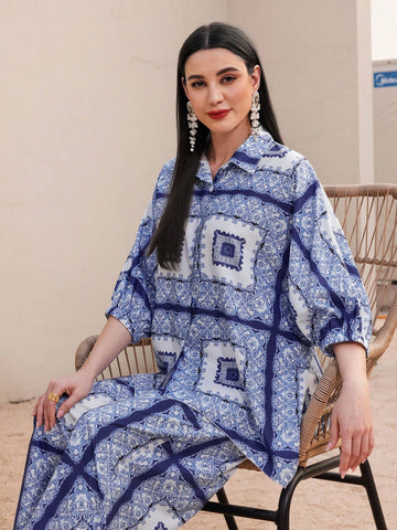 Printed Button-Front Shirt And Wide-Leg Pants