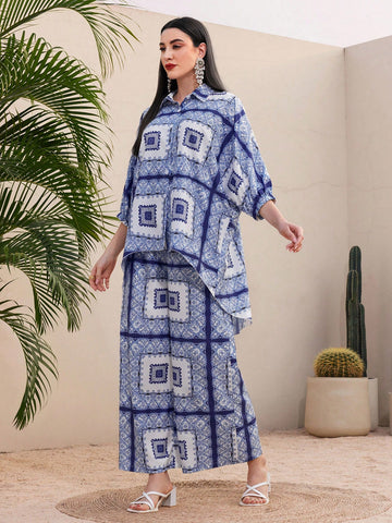 Printed Button-Front Shirt And Wide-Leg Pants