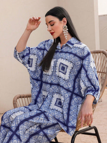 Printed Button-Front Shirt And Wide-Leg Pants