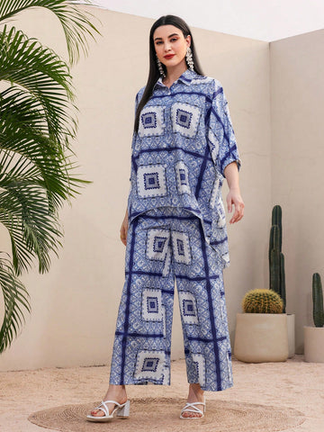 Printed Button-Front Shirt And Wide-Leg Pants
