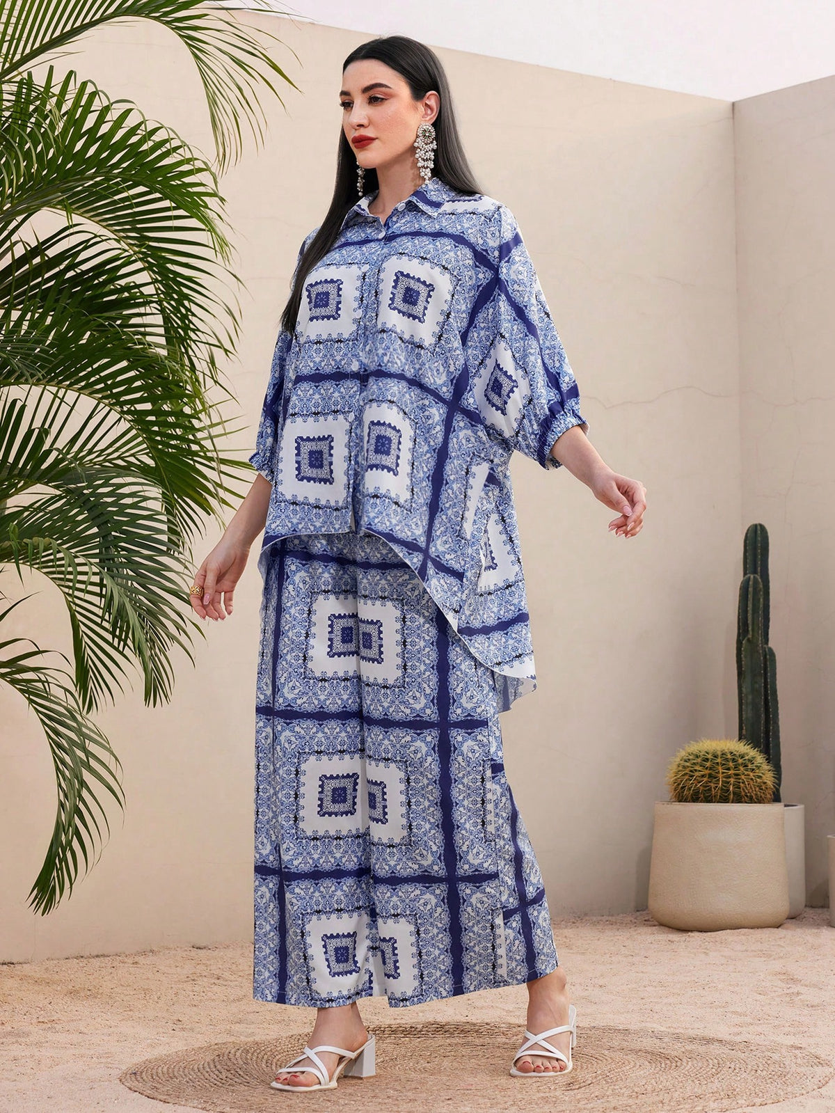 Printed Button-Front Shirt And Wide-Leg Pants