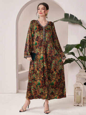 Women'S Color Block Embroidery Detail V-Neck Long Sleeve Dress