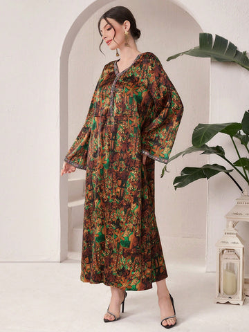 Women'S Color Block Embroidery Detail V-Neck Long Sleeve Dress