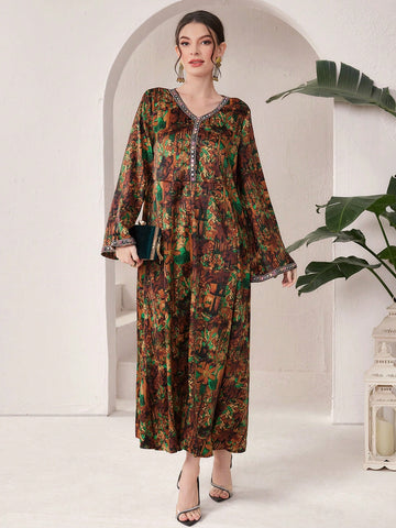 Women'S Color Block Embroidery Detail V-Neck Long Sleeve Dress